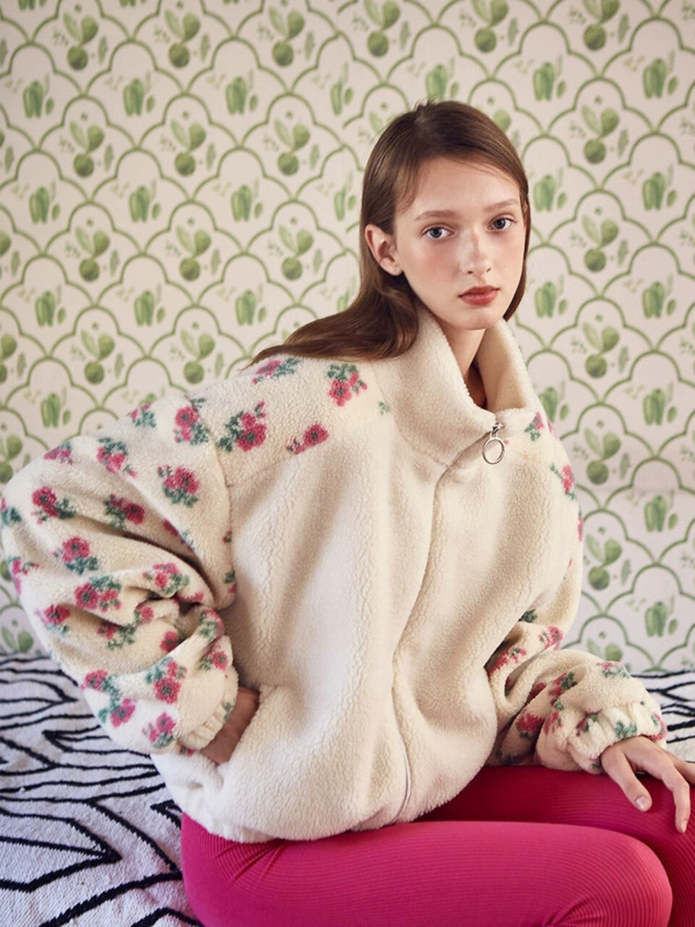 Zara Winter Oversized Fleece Floral Patchwork Zip-Up Faux Shearling Collar Coat